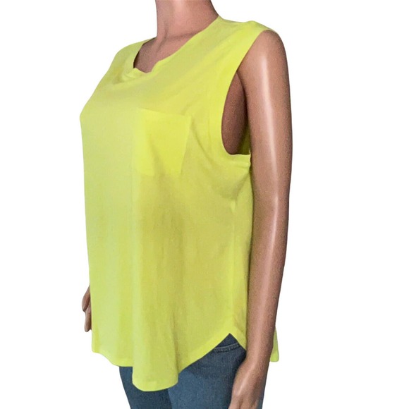 Ann Taylor Loft T-Shirt Womens Large Neon Green Sleeveless Pocket Cotton NEW - Picture 2 of 4